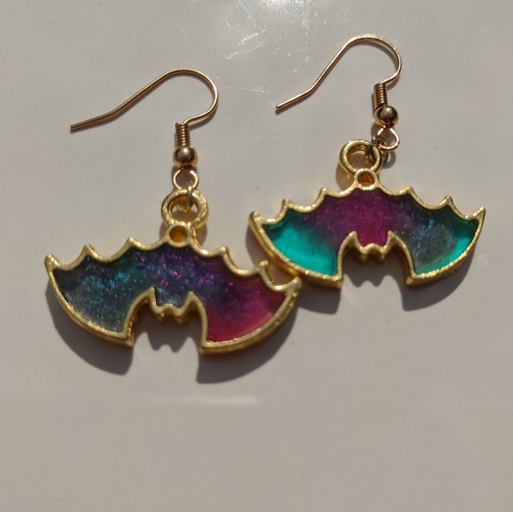 Rainbow Bats Earrings Gold Resin Galaxy Handmade Halloween - Picture 15 of 15